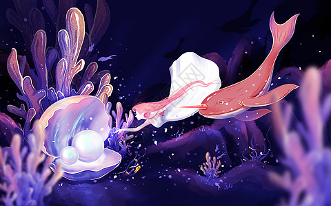 紫色海洋日独角鲸插画图片