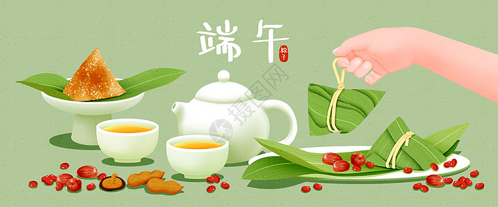 香菇炒青菜端午节喝茶吃粽子插画banner插画