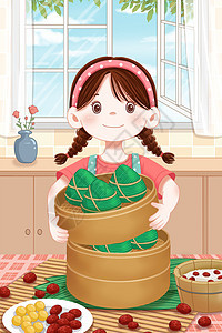 端午节厨房里包粽子的女孩插画图片