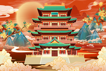红色国潮古风建筑背景插画图片