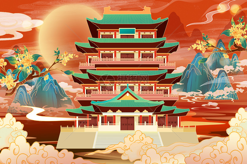 红色国潮古风建筑背景插画图片