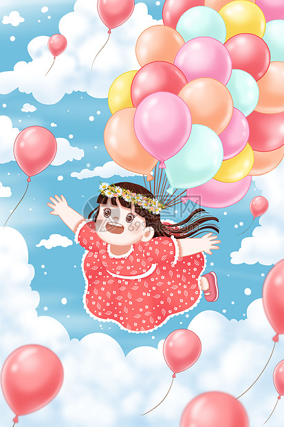 儿童节天空中的女孩和气球插画图片