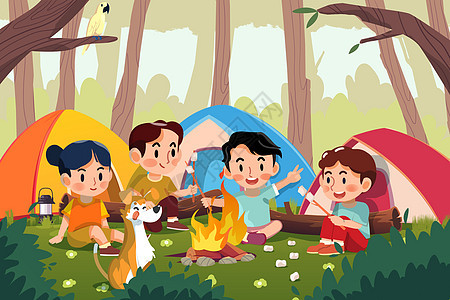 六一儿童节孩子们户外野营烤棉花糖游玩图片