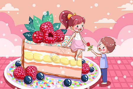坐在蛋糕上的女孩和送玫瑰的男孩高清图片