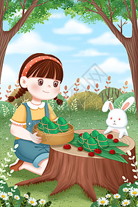 端午节草地上的小女孩和小白兔高清图片