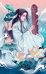 中国风荷花池中流泪的琴师古风美男国潮风插画图片