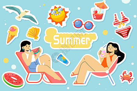 饮料单页夏季女孩吃西瓜和饮料矢量插画插画