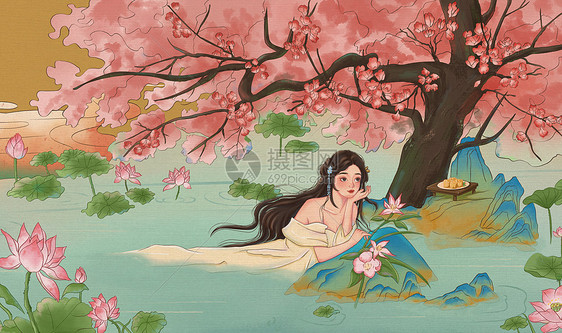 长恨歌之桃花树下有肤白貌美的杨贵妃在华清池沐浴图片