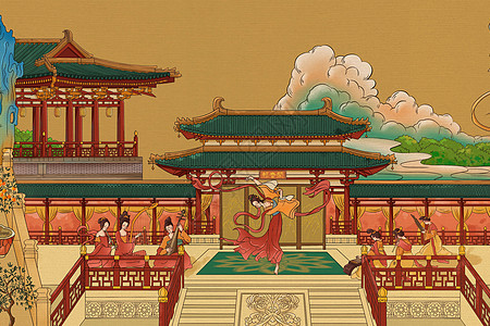 长恨歌之唐朝歌舞团在皇宫的台子上跳舞奏乐背景图片