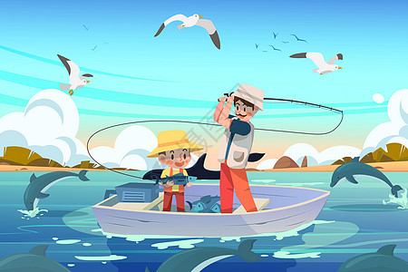 父亲节爸爸带儿子乘船钓鱼遇见海豚图片