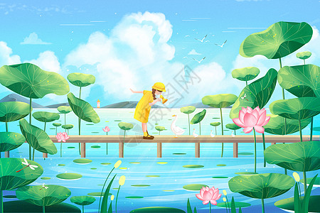 景水珠清新治愈夏天池塘上的小女孩插画