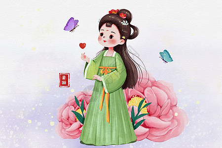 可爱萌萌Q版古风女子比心蝴蝶插画高清图片