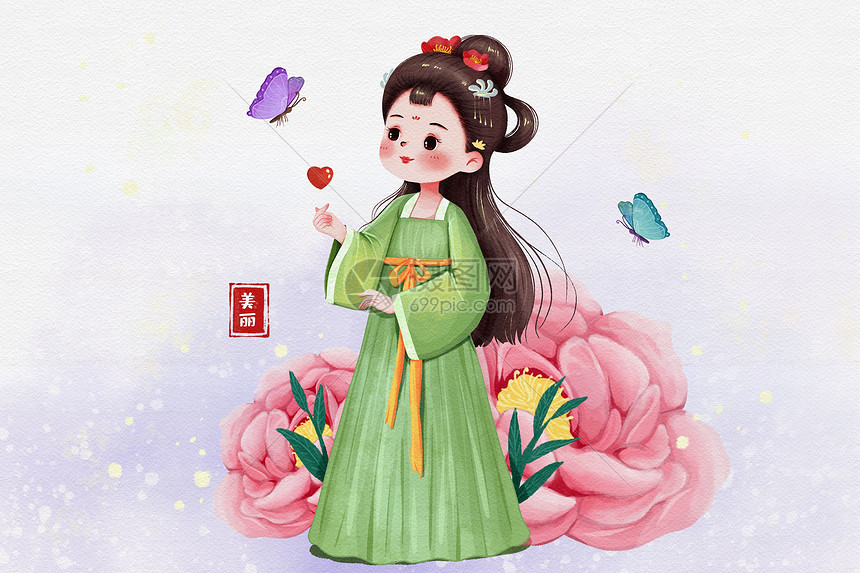 可爱萌萌Q版古风女子比心蝴蝶插画图片