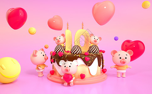 C4D蛋糕小场景建模周年庆生日蛋糕爱心小熊模型插画