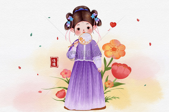 可爱萌萌Q版古风女子手拿团扇插画图片