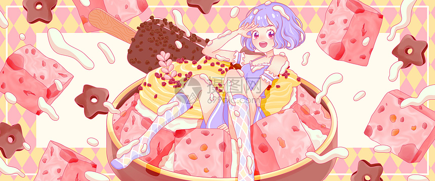 夏日草莓果干巧克力冰棒冰淇淋女孩系列插画banner图片