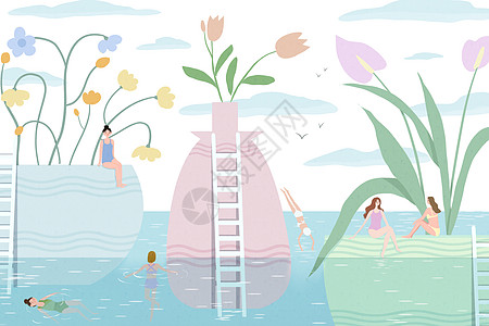 夏天植物花朵女孩游泳插画图片