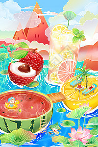 二十四节气夏至之围绕水果在西瓜游泳的小孩创意海报插画图片