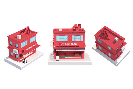 华为大楼C4D深红色高贵女性高跟鞋店铺3d渲染元素插画
