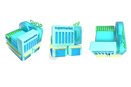 蓝色主图C4D蓝色卡通超市建筑3D渲染元素样机插画