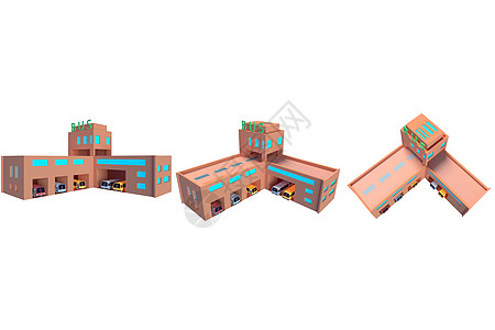 低面建模C4D浅橙色杏色低面卡通公交站建筑公交车3D渲染元素样机插画