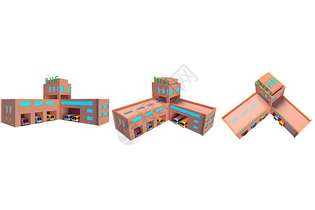 C4D浅橙色杏色低面卡通公交站建筑公交车3D渲染元素样机背景图片