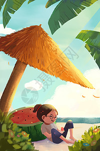 二十四节气大暑倚着西瓜玩水沙滩场景图片