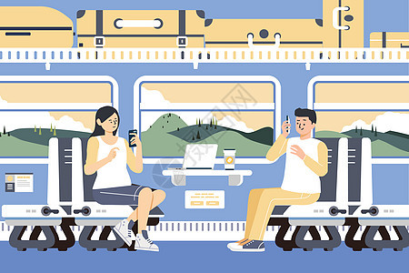坐火车旅游车厢内部矢量插画图片