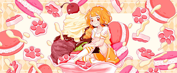 夏日马卡龙棉花糖冰淇淋女孩系列插画banner图片