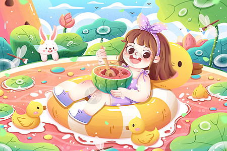 夏日女孩游泳圈上吃西瓜清新卡通插画图片