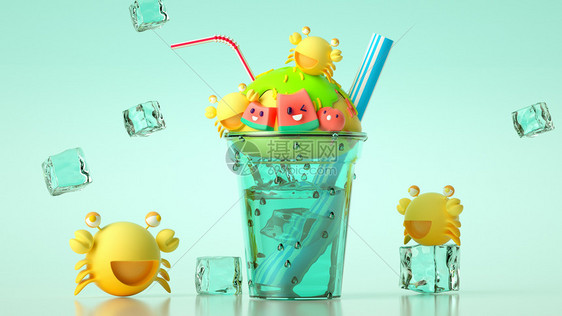 C4D夏日冰激凌饮品小场景模型冰激凌吸管小螃蟹冰块图片