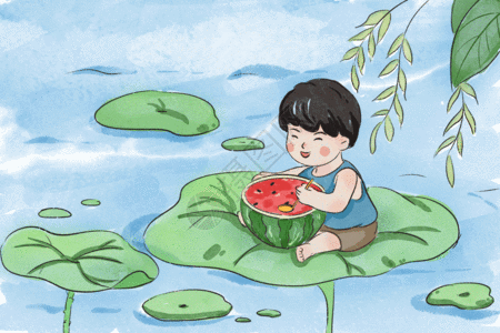 水彩儿童水彩风夏季吃西瓜的小孩GIF高清图片