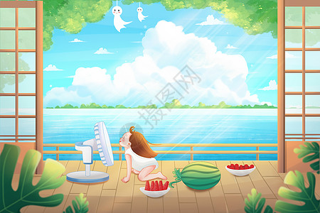 蓝色夏天女孩在家吹风扇惬意下午插画风景高清图片