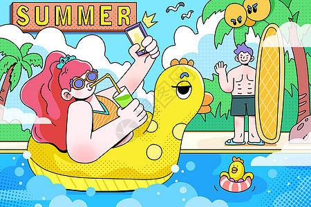 夏天一边喝饮品一边游泳扁平插画图片