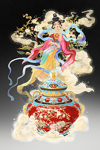 中国风古风美人古董拟人清代彩罐子节气插画高清图片