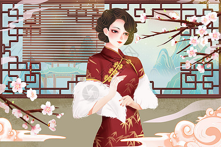 国潮中国风古风旗袍美女唯美风景海报插画图片