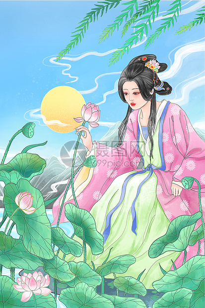 中国风古风美人夏季荷塘工笔插画图片