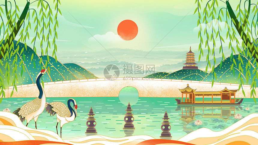 杭州西湖断桥风景插画图片