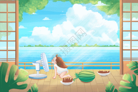 海边风景照女孩在家吹风扇惬意下午插画风景GIF高清图片