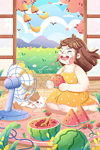 夏日吹风扇吃西瓜女孩清新卡通插画背景图片