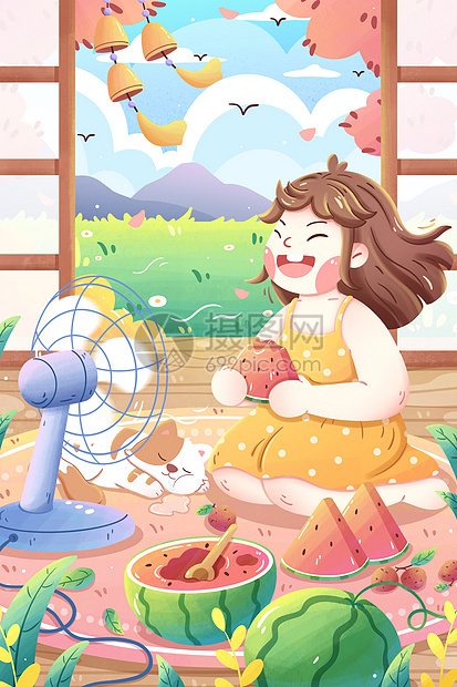 夏日吹风扇吃西瓜女孩清新卡通插画图片