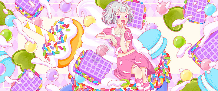 夏日马卡龙饼干冰淇淋女孩系列插画banner图片