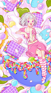 夏日马卡龙饼干冰淇淋女孩系列宽屏插画图片