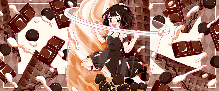夏日巧克力黑珍珠冰淇淋女孩系列插画banner图片