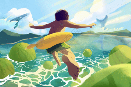 24节气夏天大暑夏至西天西瓜海洋游泳儿童插画GIF图片