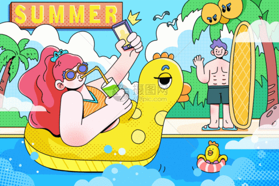 夏天一边喝饮品一边游泳扁平GIF图片