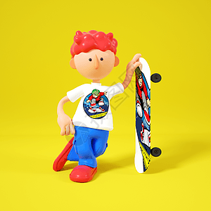 C4DQ版滑板男孩叉腰抓板摆pose动作3D元素背景图片