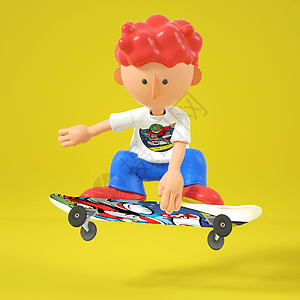 玩酷C4DQ版滑板男孩带板跳起单手抓板动作3D元素插画