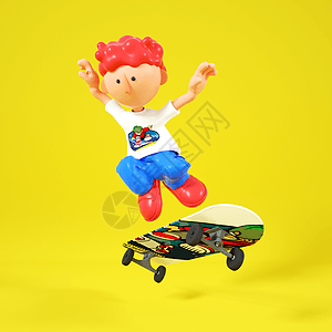 C4DQ版滑板男孩跳起滑板空中翻转动作3D元素图片