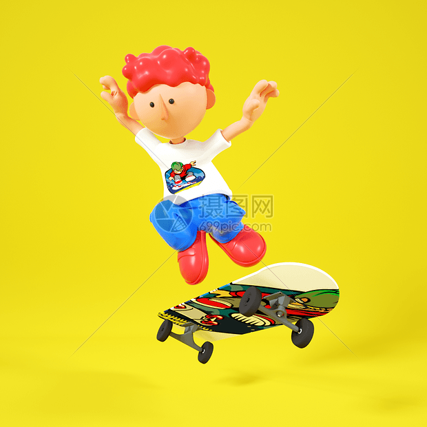 C4DQ版滑板男孩跳起滑板空中翻转动作3D元素图片